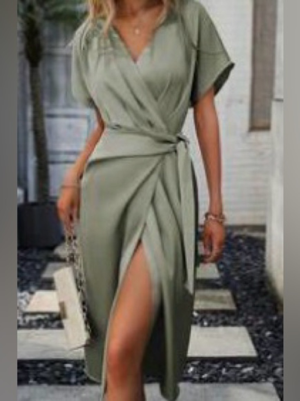 SHEIN Olive Green Satin Wrap Midi Dress